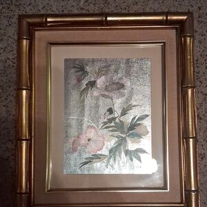 Metallic foil art print depicting Asian-style floral still life with Pansies